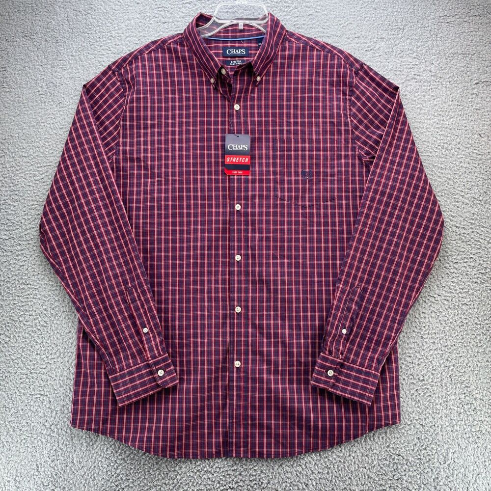 CHAPS Shirt Mens 2XL Red Blue Plaid Easy Care Stretch Long Sleeve Casual